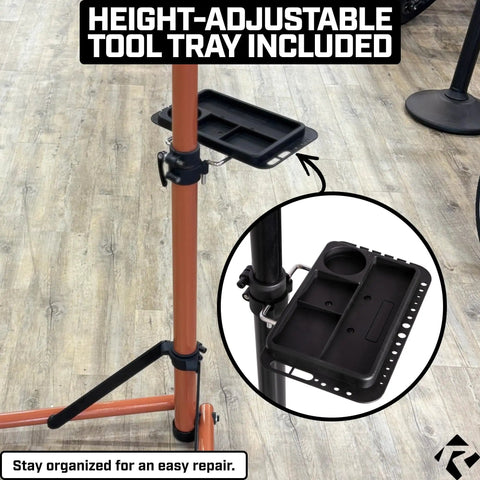 Beefed Up Heavy Duty Bike Repair Stand With Storage Bag Adjustable Height Up To 30 Inches 360 Degree Rotating Clamp Magnetic Tool Tray