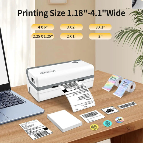Bluetooth Thermal Shipping Label Printer For 4x6 Labels, Wireless Sticker Printer For Shipping Packages next to laptop.
