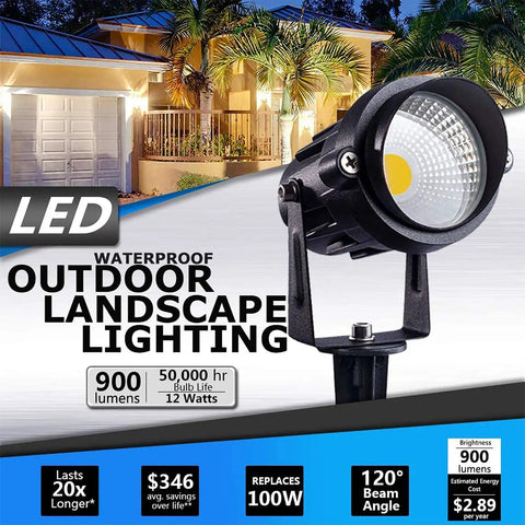 Ultra Bright 12W LED Landscape Lights Low Voltage 12V Waterproof Garden Pathway Spotlights Kit displayed near modern house