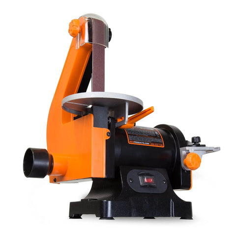 Two-In-One Benchtop Belt And Disc Sander That Is A Real Workhorse With 1 x 30 Inch Belt And 5 Inch Disc, 2.3A Motor Delivers Up To 3160 FPM Belt Speed And 3450 RPM Disc, Heavy Duty Base, Dual Dust Ports For Maximum Vacuuming