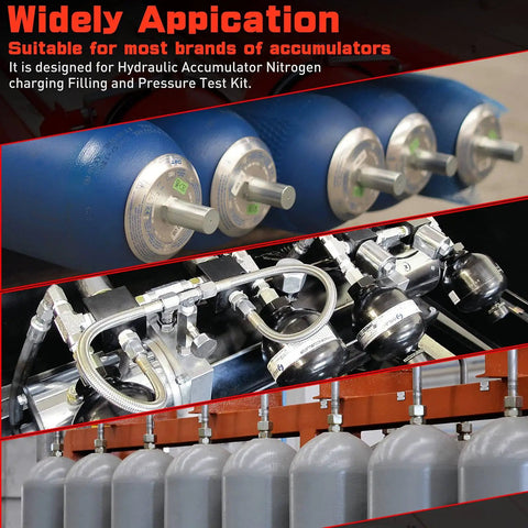 Hydraulic Nitrogen Accumulator Charging Kit With Seven Adapters And Three Gauge Readouts For 1500, 3600, And 6000 PSI.