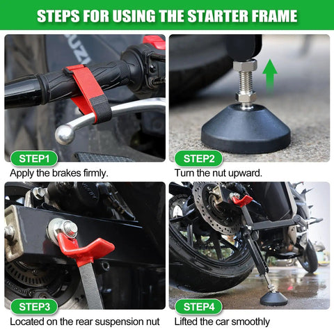 Steps using 7 Piece Motorcycle Cleaning Kit With Portable Lift Jack for Chain Maintenance and Wheel Cleaning