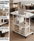 Height Adjustable Standing Desk With Rock Solid Swivel Casters And Sturdy Mobile Computer Workstation featuring a white three-layer design and smooth rolling wheels.
