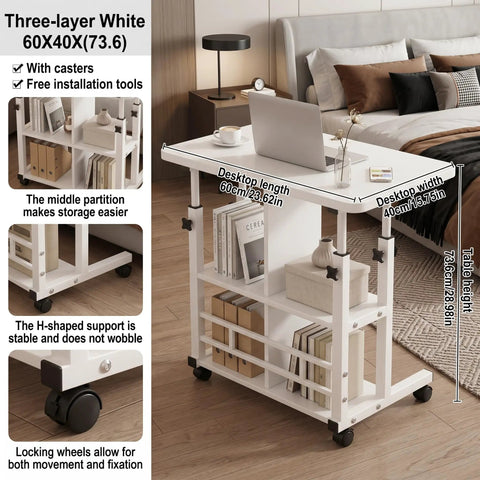 Height Adjustable Standing Desk With Rock Solid Swivel Casters And Sturdy Mobile Computer Workstation featuring a white three-layer design and smooth rolling wheels.