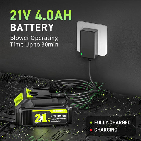 21V 4.0Ah battery and charger for Cordless Leaf Blower 500 CFM 21V With 4.0Ah Battery And Fast Charger charging on countertop