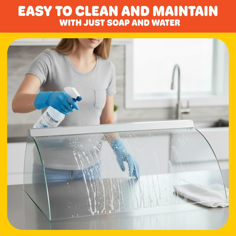 Person cleaning tempered glass sneeze guard for Hot Dog Roller Cover With Tempered Glass Sneeze Guard For Nine Roller Hot Dog Machine On Countertop Electric Grill Shield To Keep Food Fresh Safe And Ready To Serve