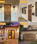 Dusk To Dawn Outdoor Wall Lights 2-Pack With Sensor Exterior Fixtures Black Waterproof Sconces illuminating porch and garage.