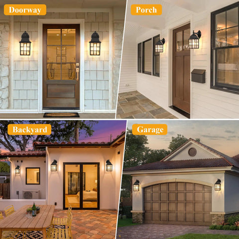 Dusk To Dawn Outdoor Wall Lights 2-Pack With Sensor Exterior Fixtures Black Waterproof Sconces illuminating porch and garage.
