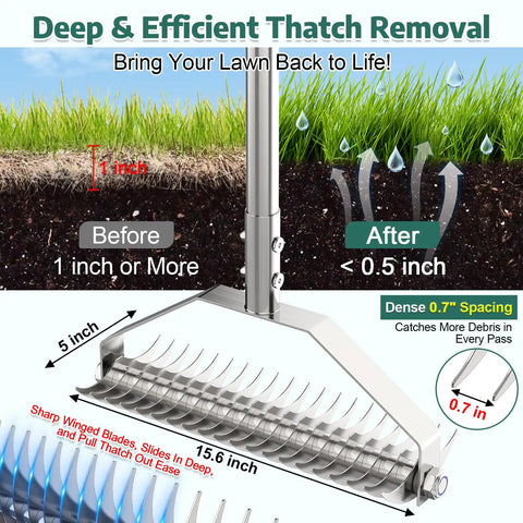 Diagram showing Lawn Dethatching Rake With 15.6 Inch Wide Head And 20 Curved Tines, Heavy Duty Stainless Steel.