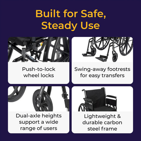 Cruiser Iii Lightweight Folding Wheelchair With Mag Wheels And 20 Inch Plush Seat showcasing push-to-lock wheel locks and swing-away footrests.