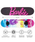 Top and underside of Kids Cruiser Skateboard With Printed Graphic Grip Tape, featuring Barbie theme, 5-inch aluminum trucks, ABEC 5 bearings