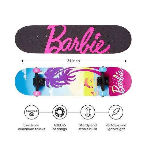 Top and underside of Kids Cruiser Skateboard With Printed Graphic Grip Tape, featuring Barbie theme, 5-inch aluminum trucks, ABEC 5 bearings