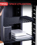 Four Pack 19 Inch Server Rack Shelves With Vented Steel Trays For Optimal Airflow, used for efficient space organization in a server cabinet.