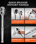 One Half Inch Drive Quick Release Ratchet Handle With 90-Tooth Reversible Chrome Alloy Socket Wrench, shown in detailed views.