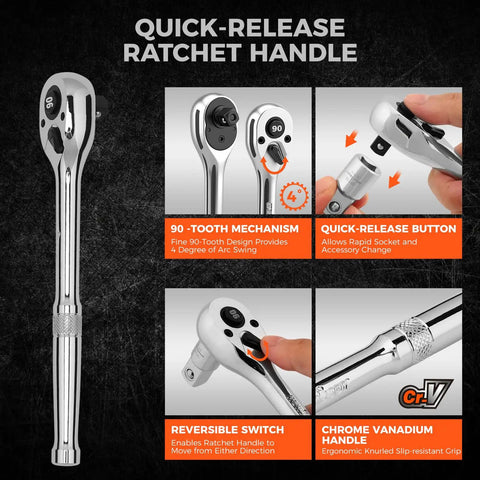 One Half Inch Drive Quick Release Ratchet Handle With 90-Tooth Reversible Chrome Alloy Socket Wrench, shown in detailed views.