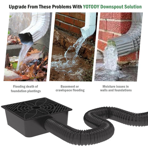 Low Profile Gutter Downspout Extender Kit With Flexible Catch Basin, No Dig Drain Extension Up To 5.1 Feet shown with black catch basin and hose