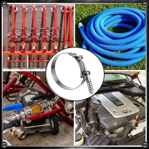 Collage showcasing Must Have 24 Pack T Bolt Hose Clamp Set With Reinforcement Spring Stainless Steel constant tension in automotive use.