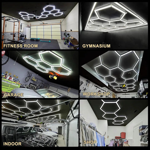 Hexagon LED Garage Lights Kit Pro Grade with 69 Pack Tubes, Ultra Bright 6000K lighting in fitness room, gymnasium, garage, workshop, shop