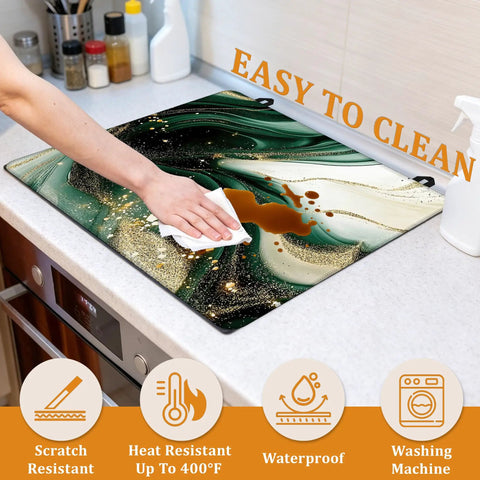 Hand cleaning Green Gold Marble Stovetop Cover For Glass Cooktops, Heat Resistant Flat Top Mat, 28 x 20 inch