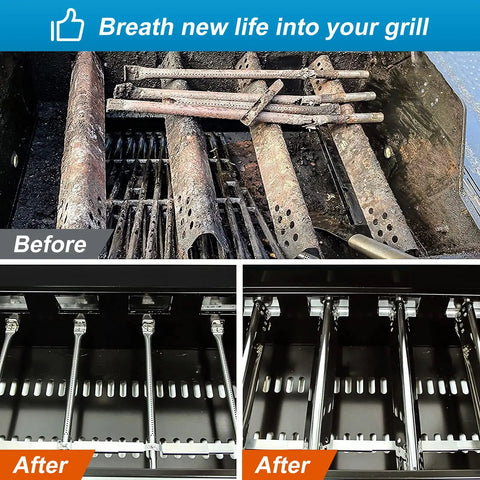 Before and after installation of Charbroil Advantage Series 4 Burner Grill Replacement Parts Kit With Stainless Steel Burner Tube.