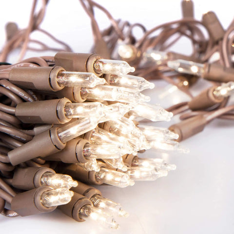 Clear Mini Christmas String Lights On Brown Wire Cord For A Cozy Festive Vibe, UL Approved For Indoor Outdoor Use, close-up view