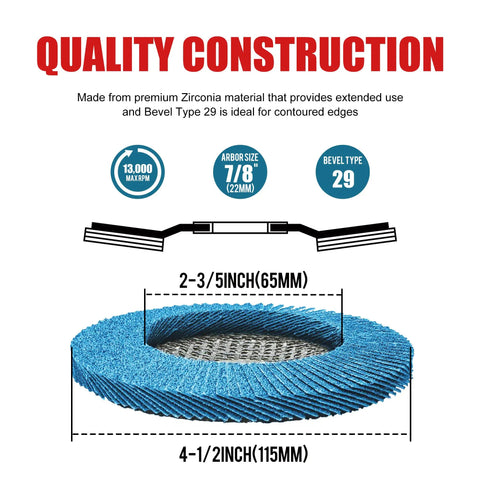 Illustration of Heavy Duty Flap Disc 4.5 Inch Set For Angle Grinders 10 Pack 120 Grit Zirconia Type 29 Grinding Discs with dimensions
