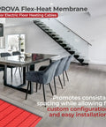 Image of PROVA Flex-Heat Membrane for Electric Floor Heating Cables, featuring a modern dining area and red heating layout.