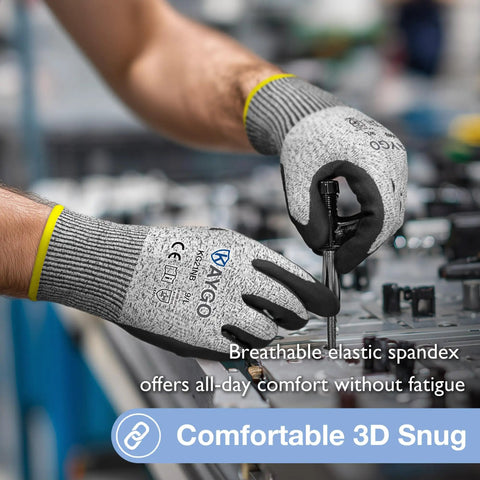 2 Pairs Cut Resistant Work Gloves for Men and Women With HPPE Nitrile Micro-Foam Grip, ANSI A3 EN388 4X42C, Grey, Size Large in use.