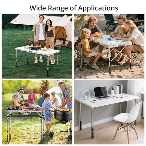 Knockout Black Table Leg Extenders And Adjustable Height Risers For Folding Tables used in outdoor and indoor settings for versatile applications.