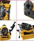 Heavy Lifter Electric Pipe Threader Machine showing alloy steel cutters and threading mechanism for half to three inch pipes.