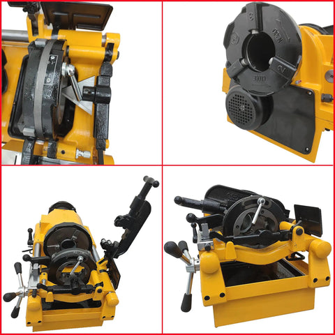 Heavy Lifter Electric Pipe Threader Machine showing alloy steel cutters and threading mechanism for half to three inch pipes.