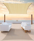 Beige 12 By 20 Foot Shade Sail Rectangle Carport Patio Outdoor Canopy Fabric Water Permeable And UV Block UPF50 Heavy Duty Virgin HDPE 190 GSM Built To Last Sun Shield With Custom Size over patio furniture at sunset