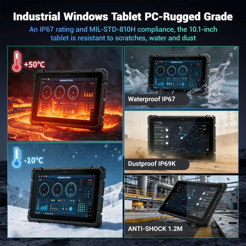 Built Like A Tank Rugged Tablet PC Running Windows 11 Pro On A Crisp 10.1 Inch Sunlight Readable Screen resists mud and rain.