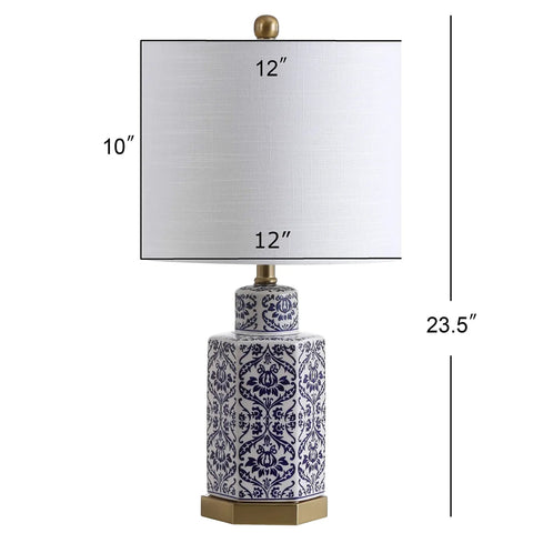 Blue And White Ginger Jar Ceramic LED Table Lamp With Hex Damask Pattern White Linen Shade Brass Accents Includes LED Bulb ETL Listed About 24 Inch Tall Modern Rustic Corner Accent Light