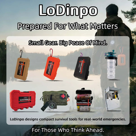 Various LoDinpo pocket survival fishing kits displayed, showcasing diverse designs and colors with 3.7oz size options for emergencies.