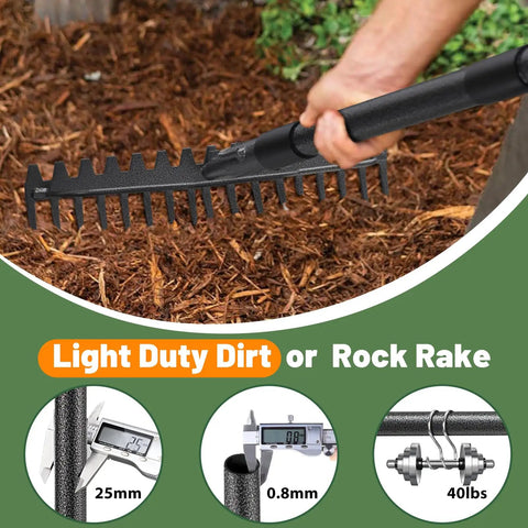 Person using a light duty dirt or rock rake with black handle and metal tines on mulch.