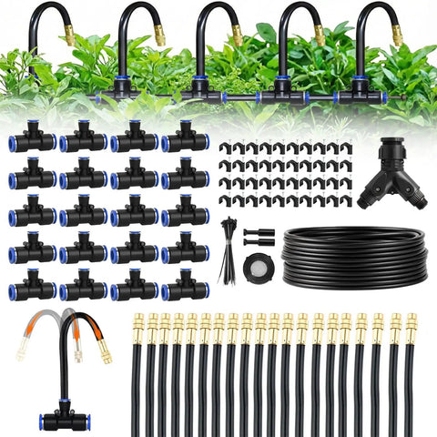 All In One One Fourth Inch Drip Irrigation Kit With Hundred Foot Tubing And Sixteen Adjustable Copper Nozzles Automatic Atomizing Mist Sprinkler System for Garden Raised Beds Lawn Greenhouse And Patio layout