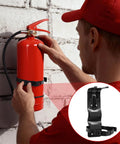 Person installing fire extinguisher in 5 Pack Fire Extinguisher Mount Brackets 5 Lb Metal Strap Holder for Homes, Garages