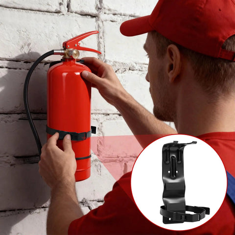 Person installing fire extinguisher in 5 Pack Fire Extinguisher Mount Brackets 5 Lb Metal Strap Holder for Homes, Garages