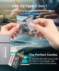 Heavy Duty Industrial Micro SD Card Built Tough For Dash Cams And Security Recorders With Extreme Endurance To Crank Out Relentless Loop Recording Without Drama Up To 256GB, shown with USB 3.0 Type-C card reader.