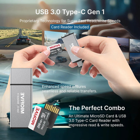 Heavy Duty Industrial Micro SD Card Built Tough For Dash Cams And Security Recorders With Extreme Endurance To Crank Out Relentless Loop Recording Without Drama Up To 256GB, shown with USB 3.0 Type-C card reader.