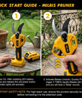 Hands holding 4 In 1 Cordless Pole Saw And Electric Pruning Shears in garden, 20V battery setup guide visible.