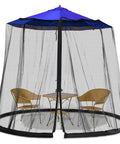 7.5 To 10 Ft Patio Mosquito Netting For Outdoor Umbrellas And Garden Spaces, installed, covers chairs and table, zip closure visible
