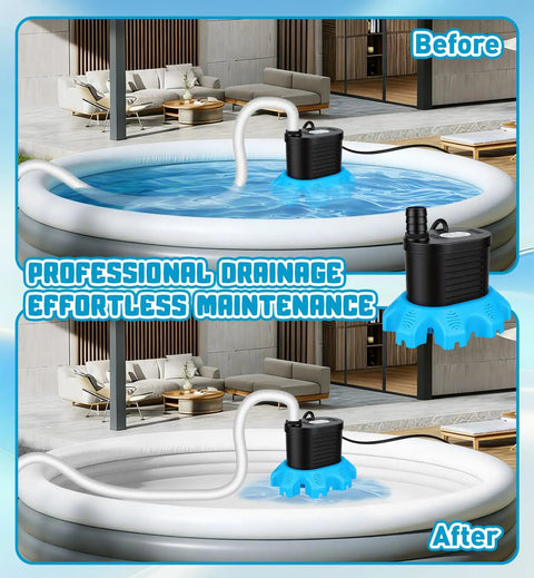 850 GPH Submersible Pool Cover Pump With 30 Inch Power Cord And Adapters shown in before and after draining pool scene