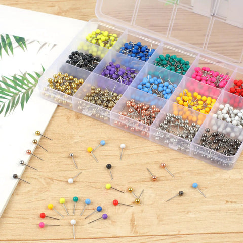 Super Dope 810 Piece Assorted Color Map Push Pins With Heavy Duty Stainless Steel Needles And Vivid Plastic Balls in organizer box.