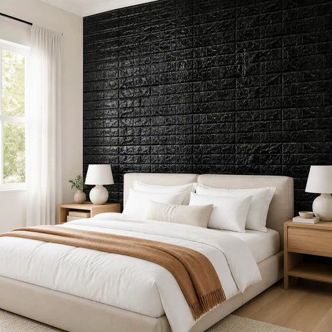 Sleek Black 3D Wall Panels Peel And Stick Foam Brick Wallpaper Tiles self-adhesive design showcased in a modern bedroom setting.