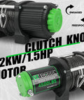 Close-up of 4500 Pound Waterproof Electric Winch with Synthetic Rope and Wireless Remote, highlighting clutch knob and motor.