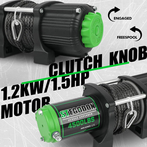 Close-up of 4500 Pound Waterproof Electric Winch with Synthetic Rope and Wireless Remote, highlighting clutch knob and motor.