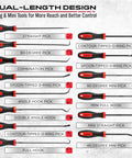 14 Piece Pick And Hook Tool Set With Long And Mini Precision Picks shown with non-slip handles for automotive repairs.