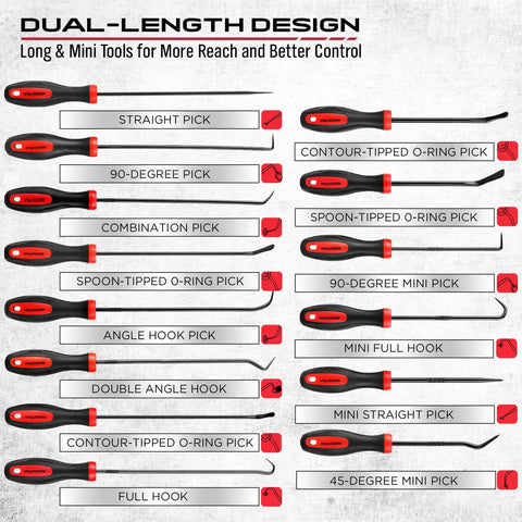 14 Piece Pick And Hook Tool Set With Long And Mini Precision Picks shown with non-slip handles for automotive repairs.